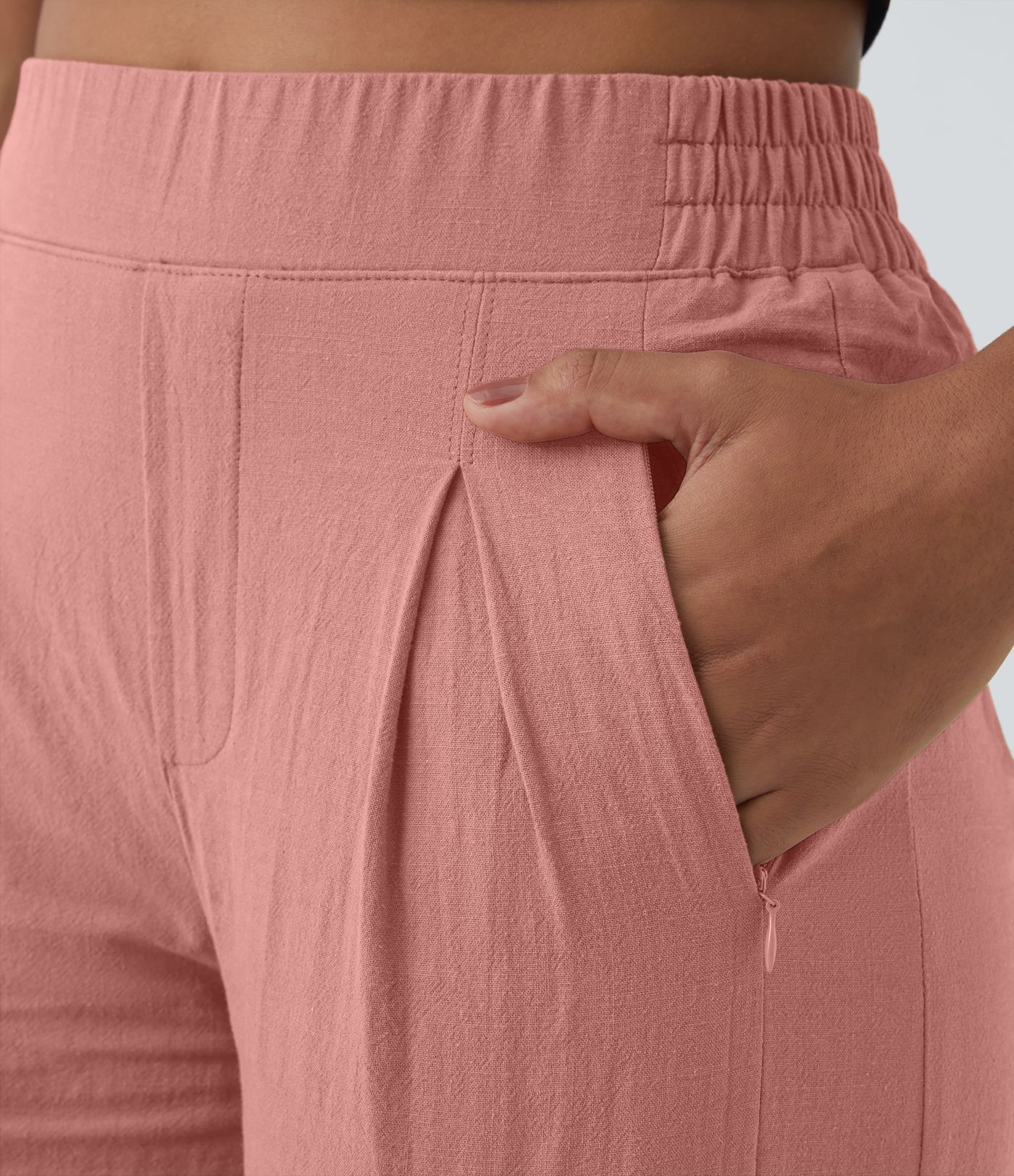 Pantalón capri palazzo lino tiro alto pliegue múltiple bolsillo dobladillo dividido pierna ancha