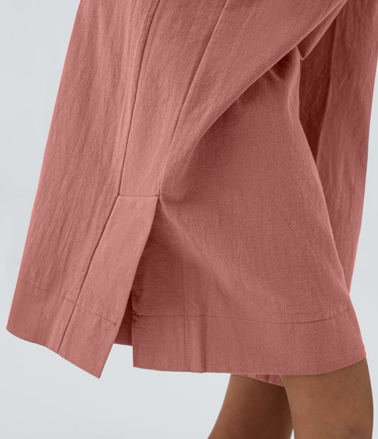 Pantalón capri palazzo lino tiro alto pliegue múltiple bolsillo dobladillo dividido pierna ancha