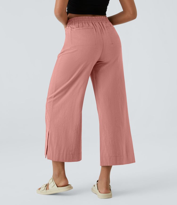 Pantalón capri palazzo lino tiro alto pliegue múltiple bolsillo dobladillo dividido pierna ancha