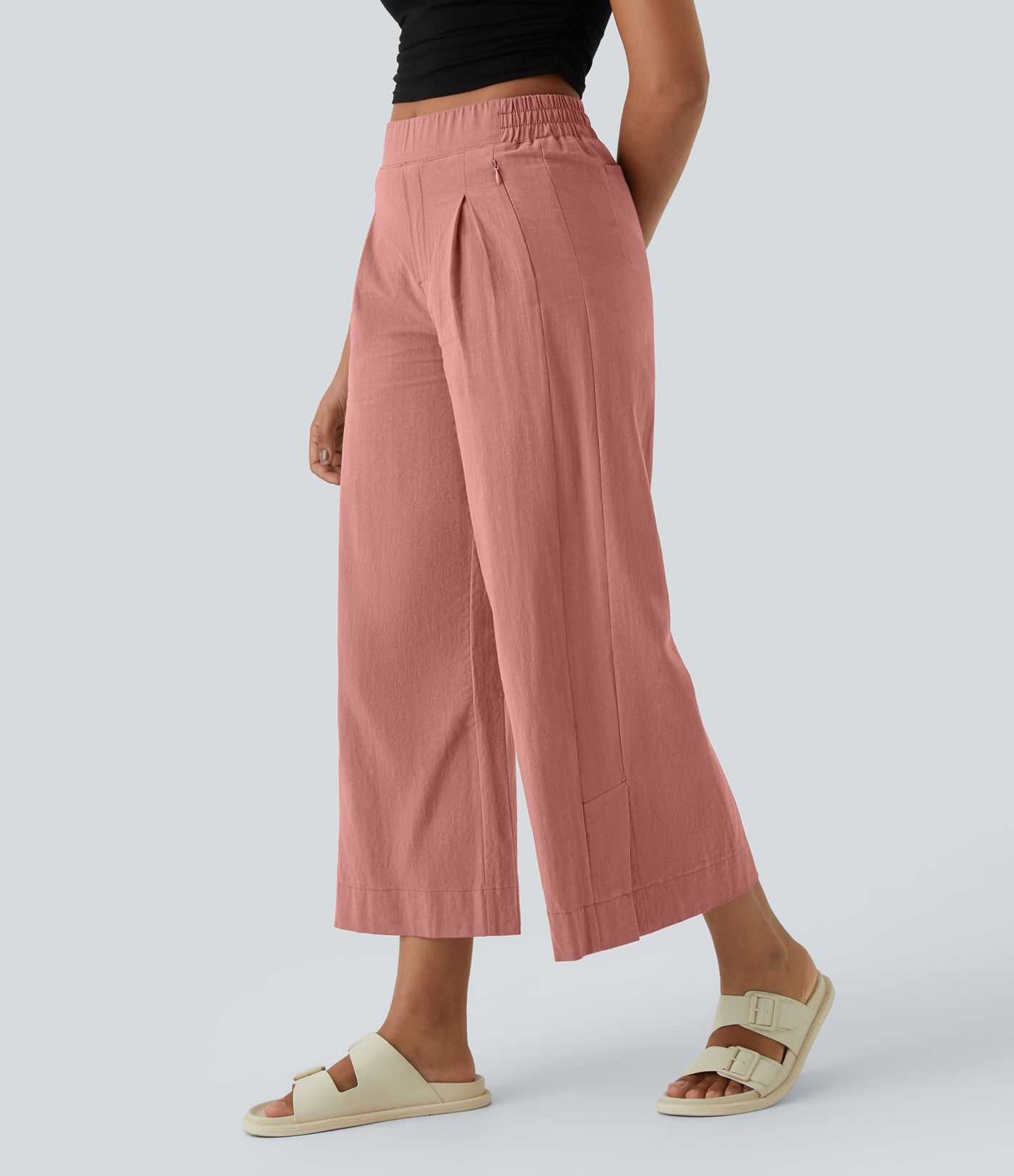 Pantalón capri palazzo lino tiro alto pliegue múltiple bolsillo dobladillo dividido pierna ancha