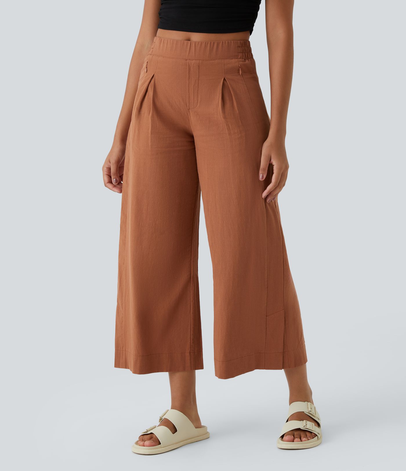 Pantalones Palazzo Capri casuales de pierna ancha con cintura alta y bolsillos, estilo lino