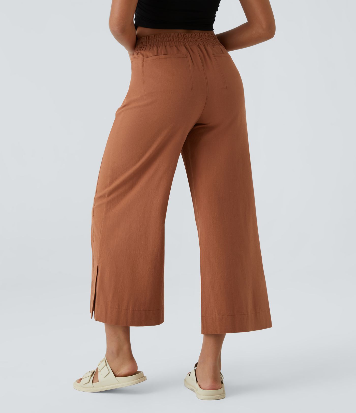 Pantalones Palazzo Capri casuales de pierna ancha con cintura alta y bolsillos, estilo lino