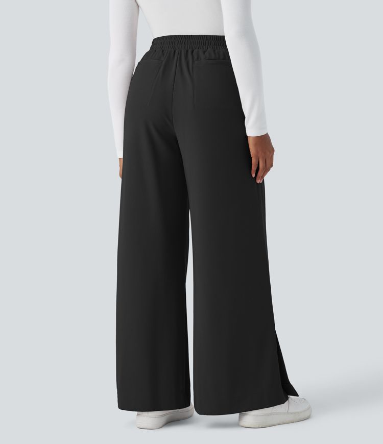High Waisted Plicated Zipper Side Pocket Split Hem Wide Leg Waffle Casual Pants