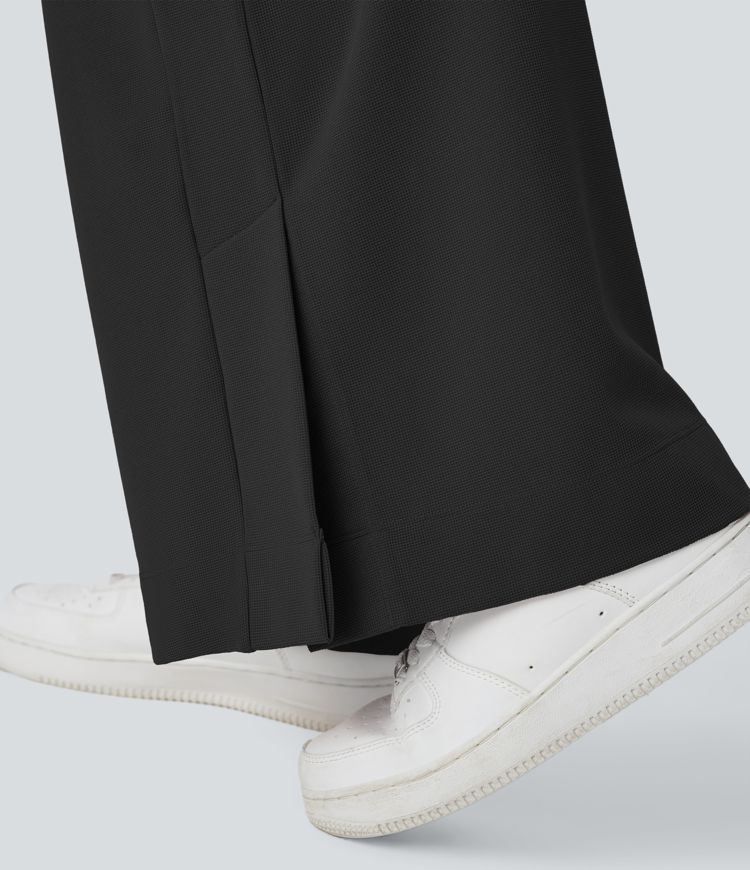 High Waisted Zipper Side Pocket Split Hem Wide Leg Waffle Casual Trousers