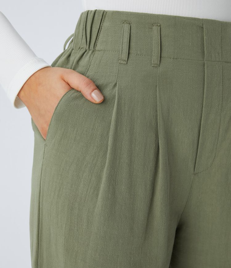 High Waisted Side Pocket Wide Leg Casual Linen-Feel Trousers