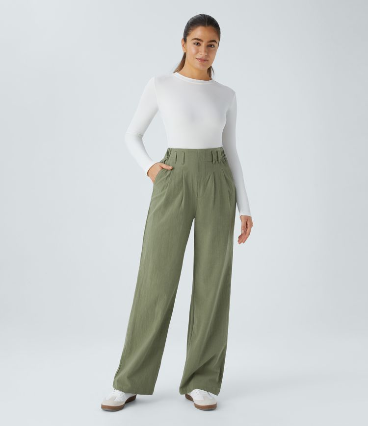 High Waisted Side Pocket Wide Leg Casual Linen-Feel Trousers
