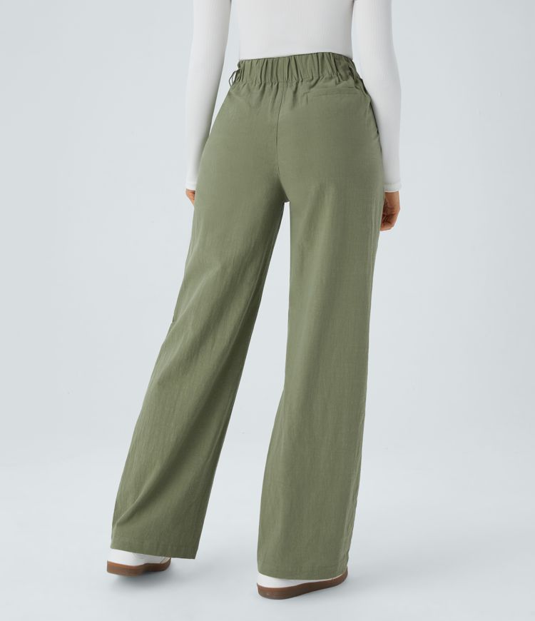 High Waisted Side Pocket Wide Leg Casual Linen-Feel Trousers