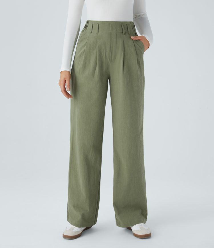 High Waisted Side Pocket Wide Leg Casual Linen-Feel Trousers