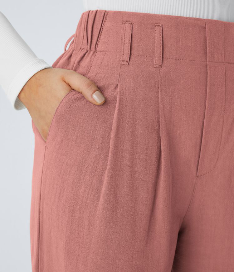 Højtaljede, vide ben casual bukser med lærredslook og lommer