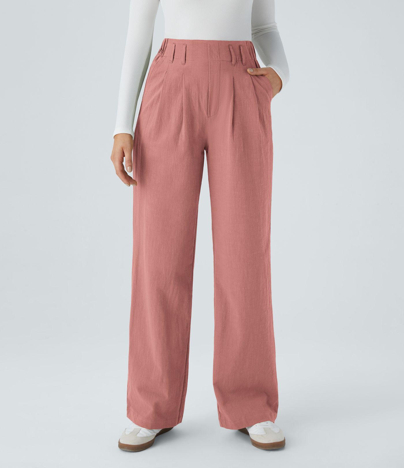 Højtaljede, vide ben casual bukser med lærredslook og lommer