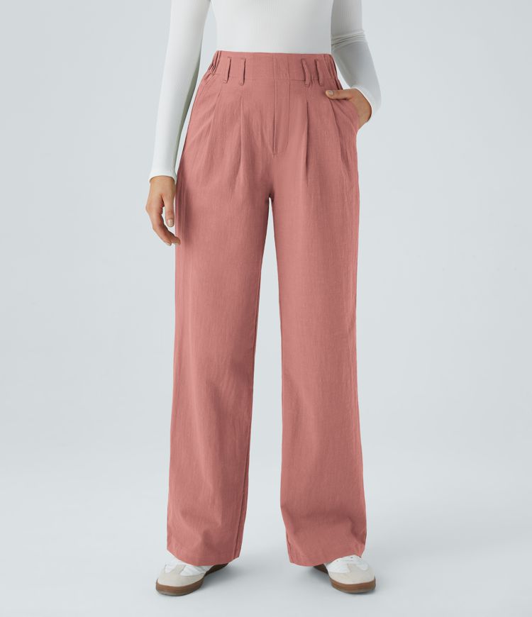 Højtaljede, vide ben casual bukser med lærredslook og lommer