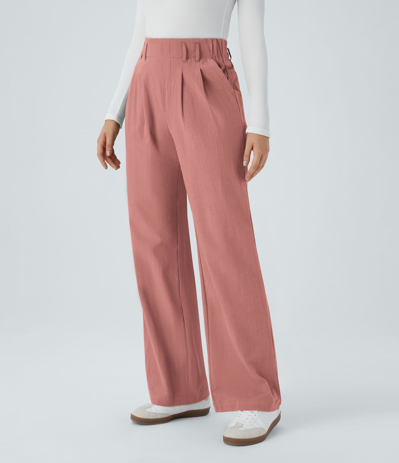 Højtaljede, vide ben casual bukser med lærredslook og lommer