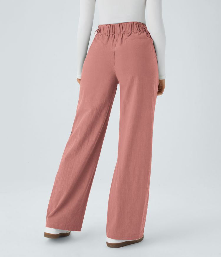 Højtaljede, vide ben casual bukser med lærredslook og lommer