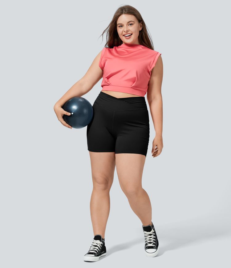 SoftlyZero™ Plush High Waisted Crossover Ruched Yoga Plus Size Shorts 5''