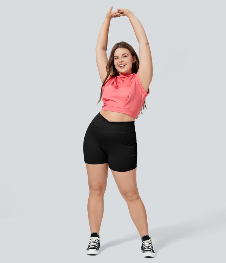 SoftlyZero™ Plush High Waisted Crossover Ruched Yoga Plus Size Shorts 5''