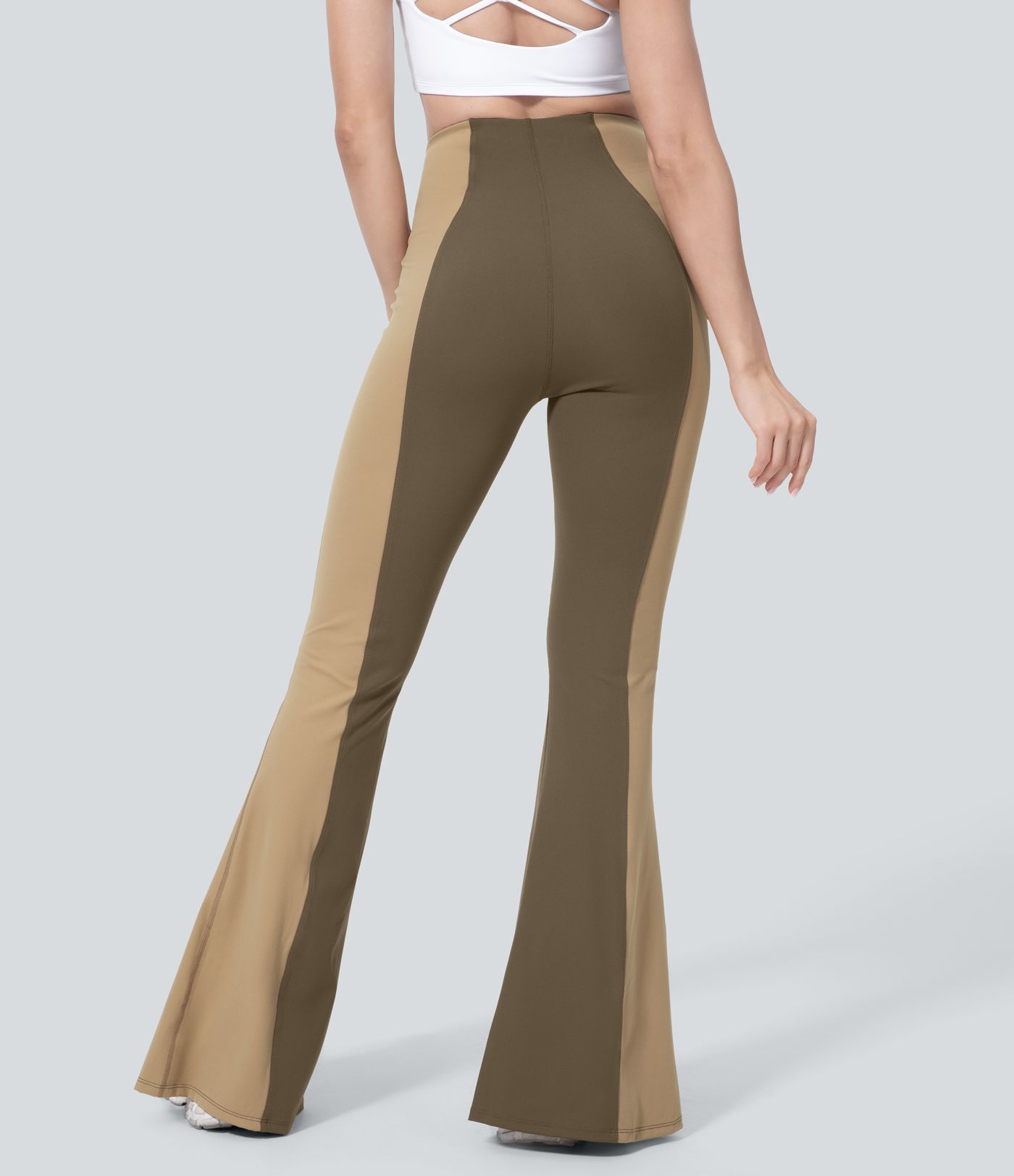 High Waisted Tummy Control Hem Color Block Flare Casual Leggings