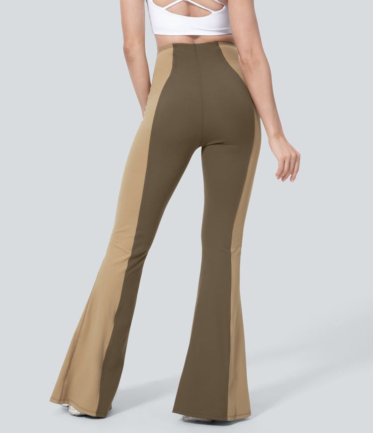 High Waisted Tummy Control Hem Color Block Flare Casual Leggings