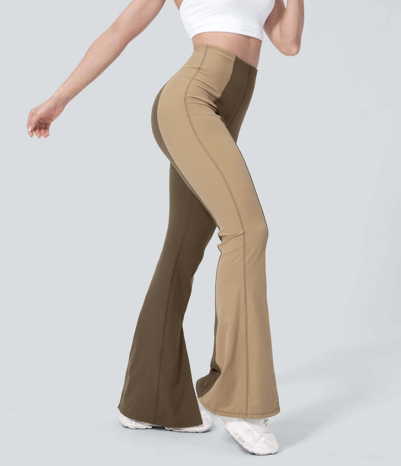 High Waisted Tummy Control Hem Color Block Flare Casual Leggings