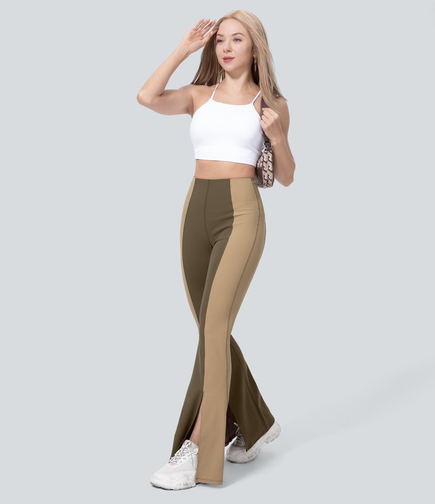 High Waisted Tummy Control Hem Color Block Flare Casual Leggings