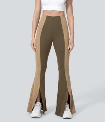 High Waisted Tummy Control Hem Color Block Flare Casual Leggings