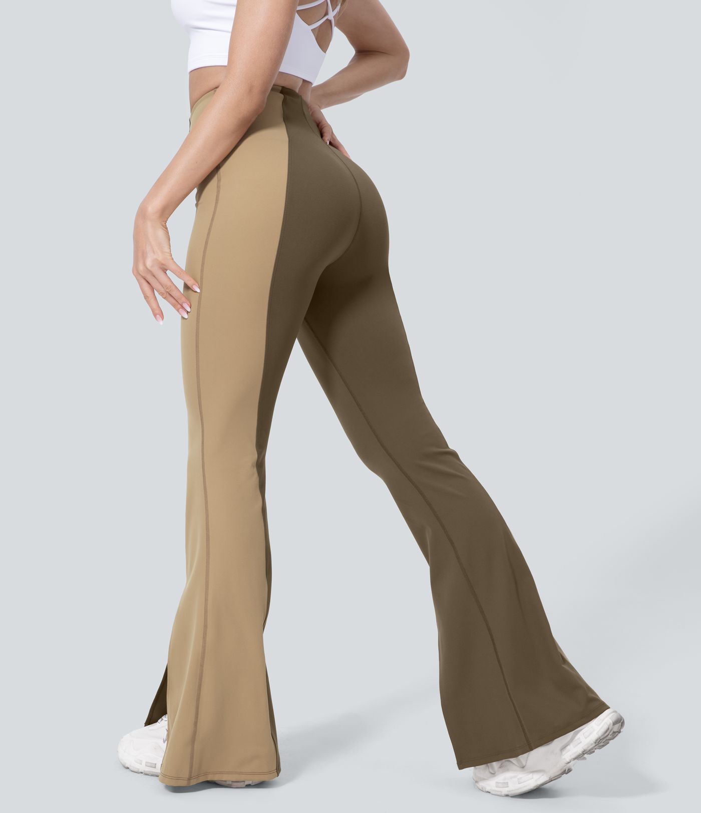 High Waisted Tummy Control Hem Color Block Flare Casual Leggings