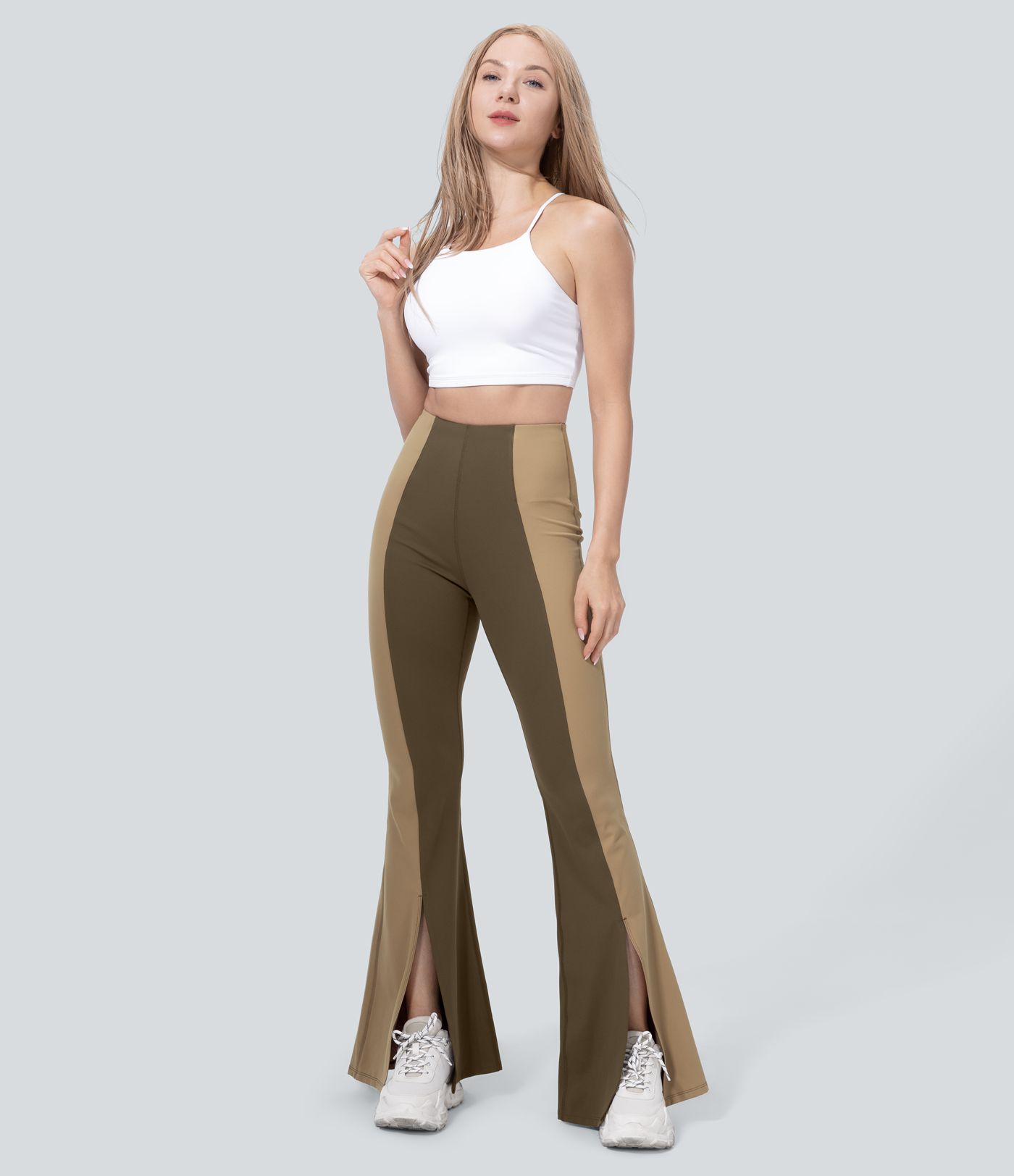 High Waisted Tummy Control Hem Color Block Flare Casual Leggings