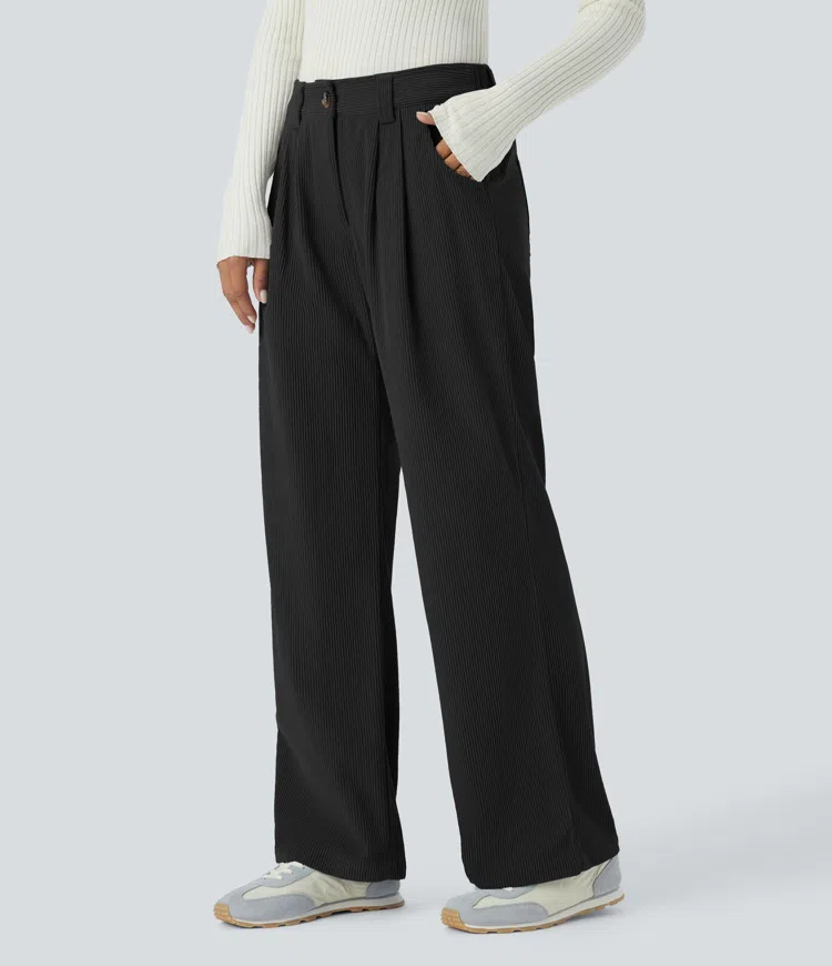 Mid waist button zipper multiple pocket straight corduroy casual pants