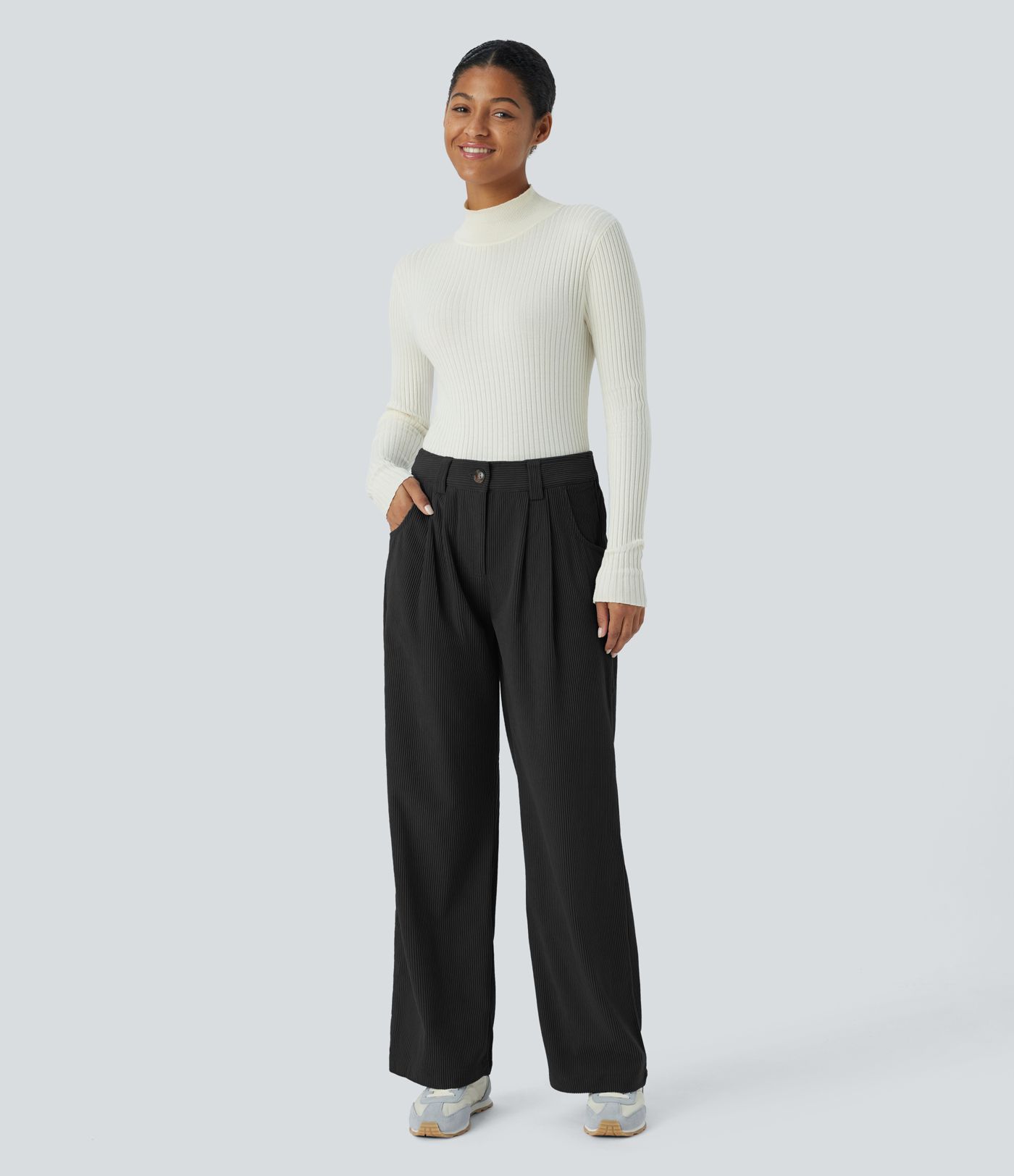 Pantalon décontracté droit en velours côtelé, taille mi-haute, avec poches zippées