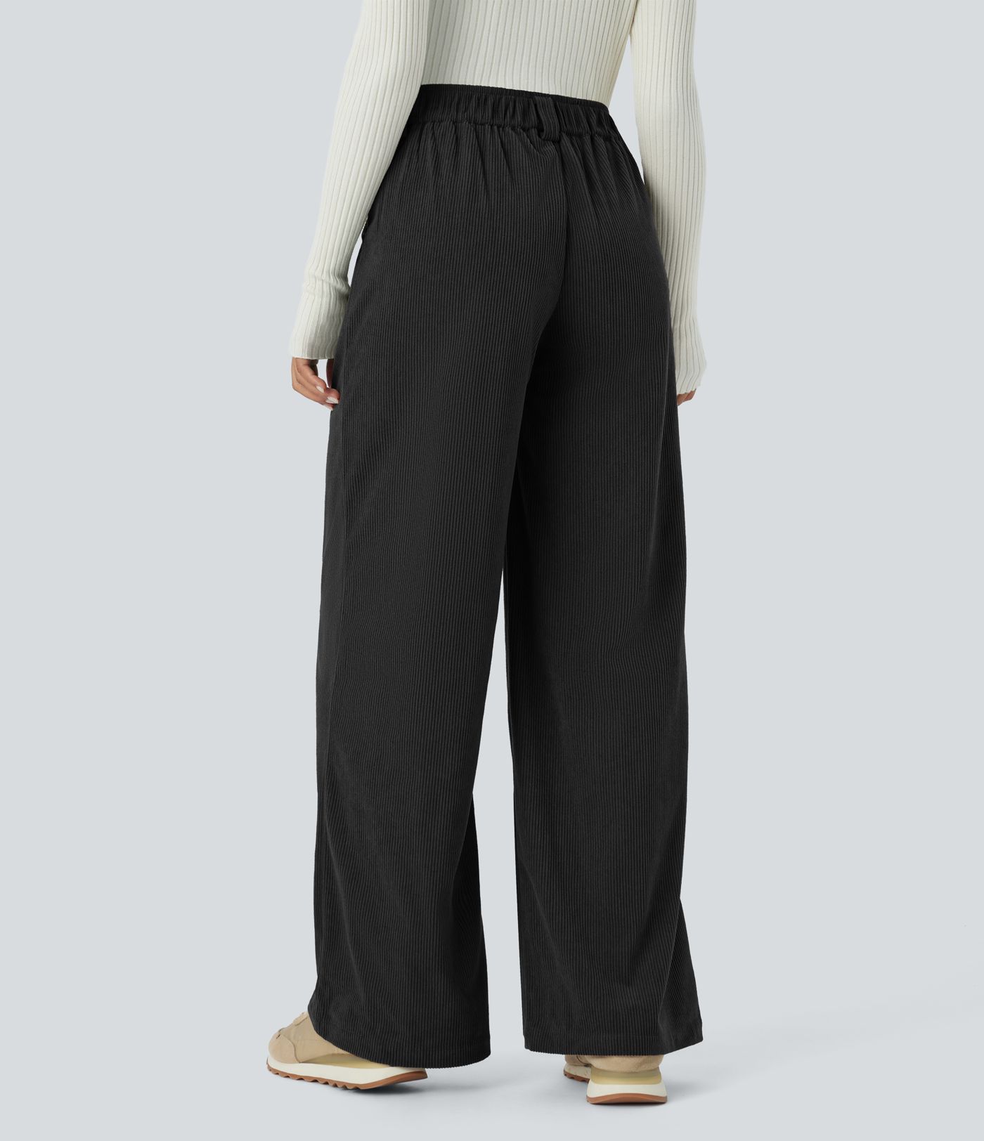 Mid-waist button zipper side pocket solid color corduroy wide casual pants