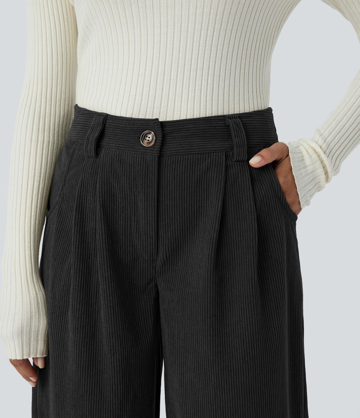 Mid-waist button zipper side pocket solid color corduroy wide casual pants