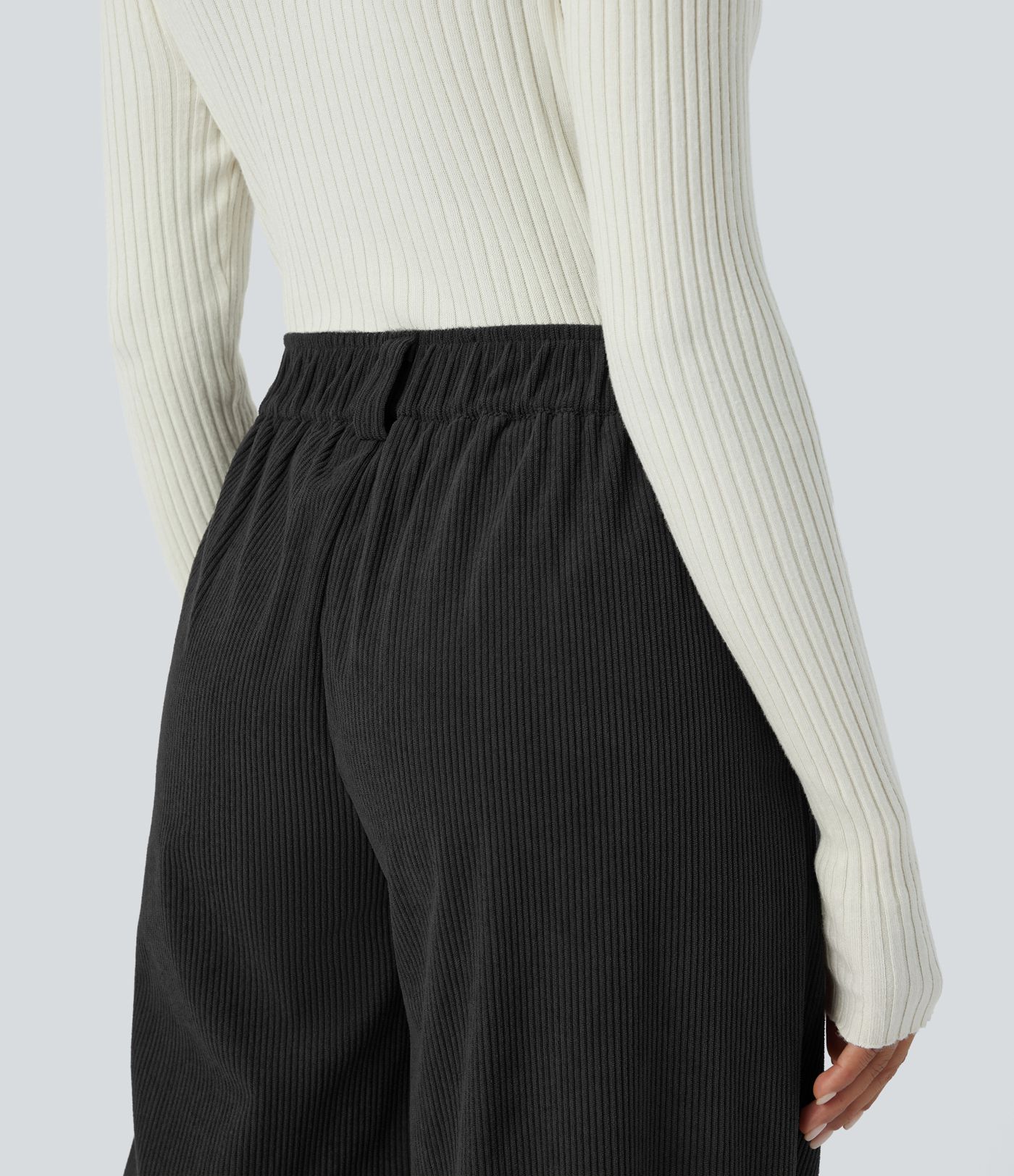 Mid-waist button zipper side pocket solid color corduroy wide casual pants