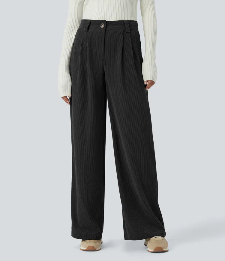 Mid waist button zipper side pocket solid corduroy wide casual pants