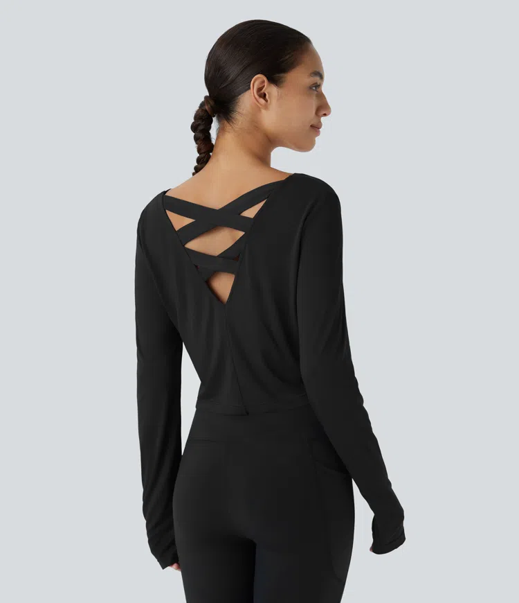 Cross-Cross Cut Out Thumb Hole Crop Yoga Sports Top