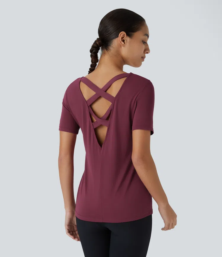 Backless Cross Cutout Short Sleeve Yoga Sports Top