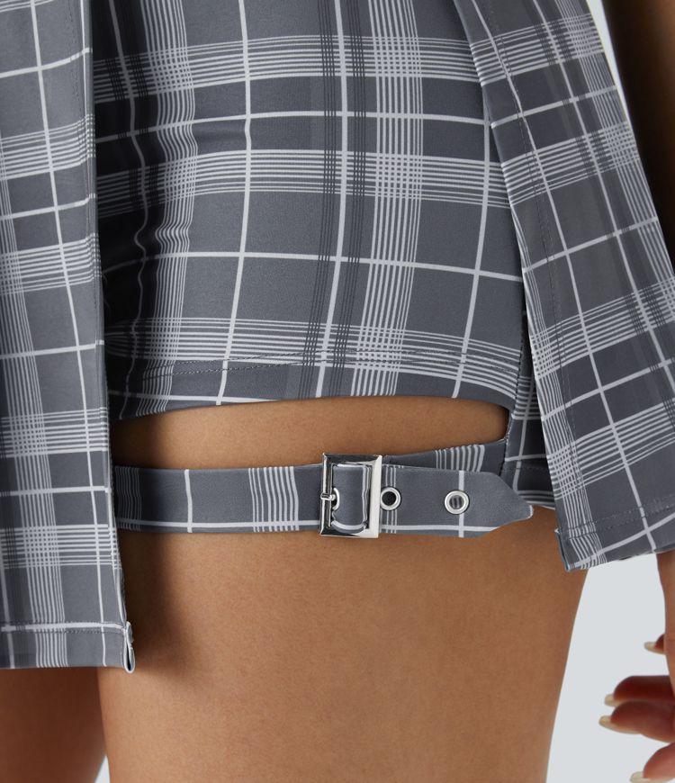 High Waisted Pleated 2-in-1 Pocket Adjustable Buckle Plaid Micro Mini Casual Skirt