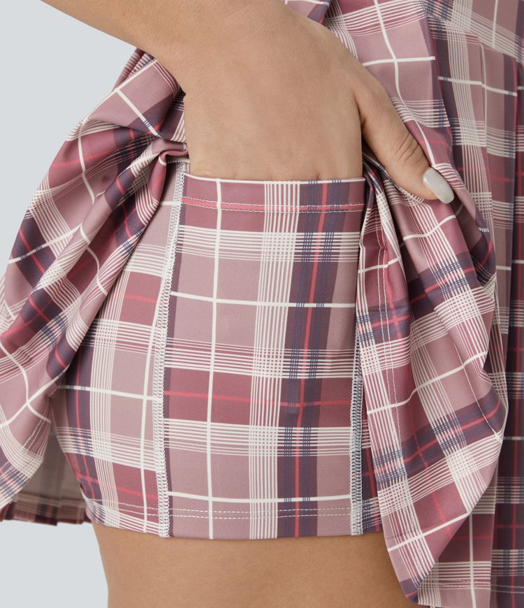 High Waisted Pleated 2-in-1 Pocket Adjustable Buckle Plaid Micro Mini Casual Skirt