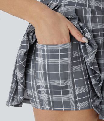 High Waisted Pleated 2-in-1 Pocket Adjustable Buckle Plaid Micro Mini Casual Skirt