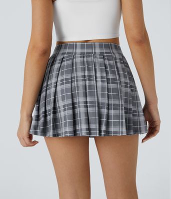 High Waisted Pleated 2-in-1 Pocket Adjustable Buckle Plaid Micro Mini Casual Skirt