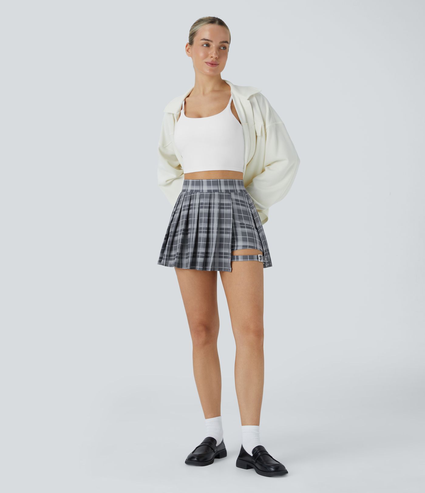 High Waisted Pleated 2-in-1 Pocket Adjustable Buckle Plaid Micro Mini Casual Skirt