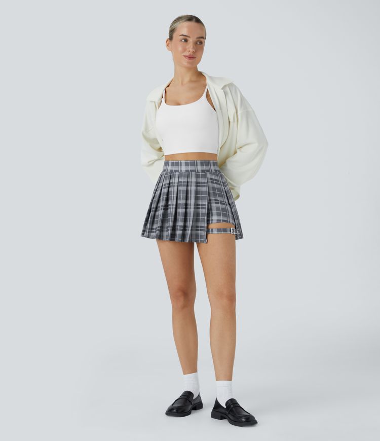 High Waisted Pleated 2-in-1 Pocket Adjustable Buckle Plaid Micro Mini Casual Skirt