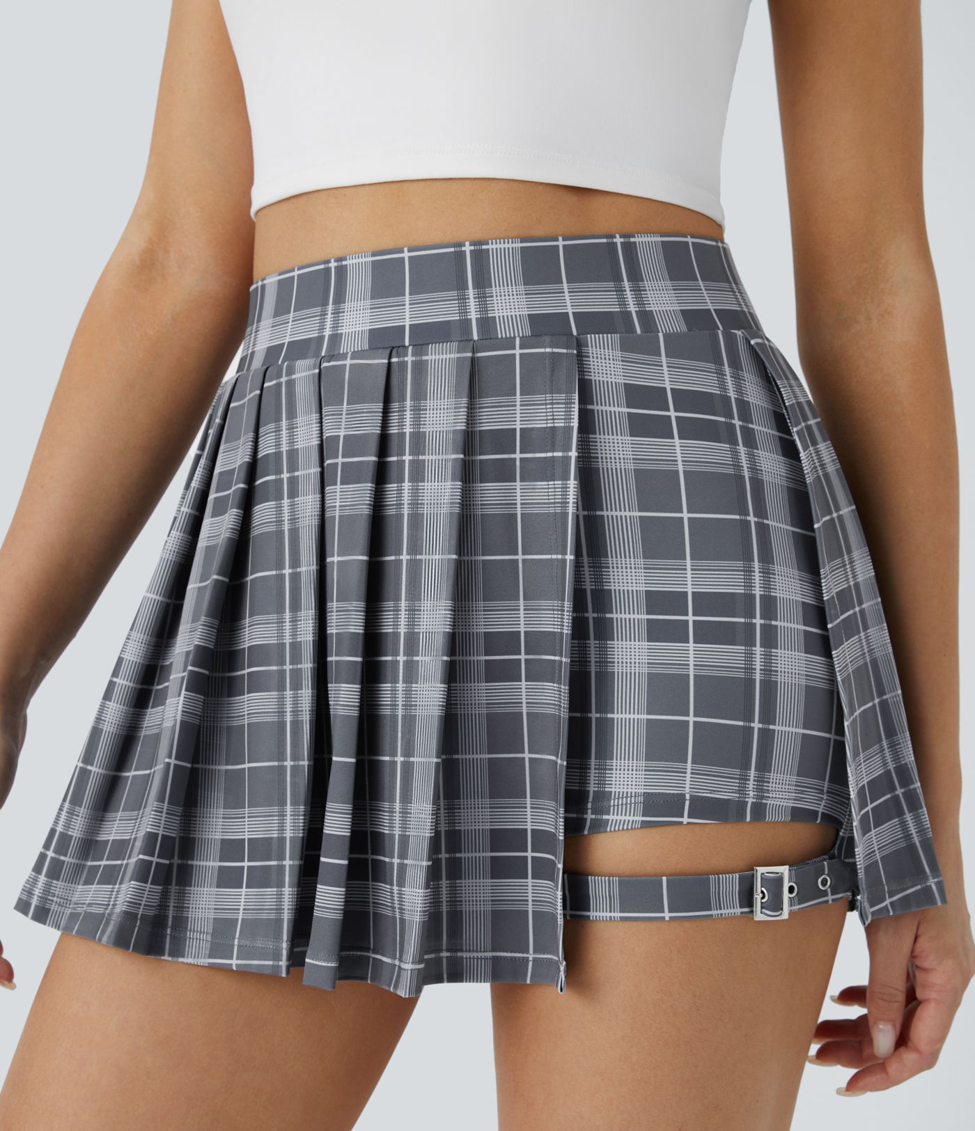 High Waisted Pleated 2-in-1 Pocket Adjustable Buckle Plaid Micro Mini Casual Skirt