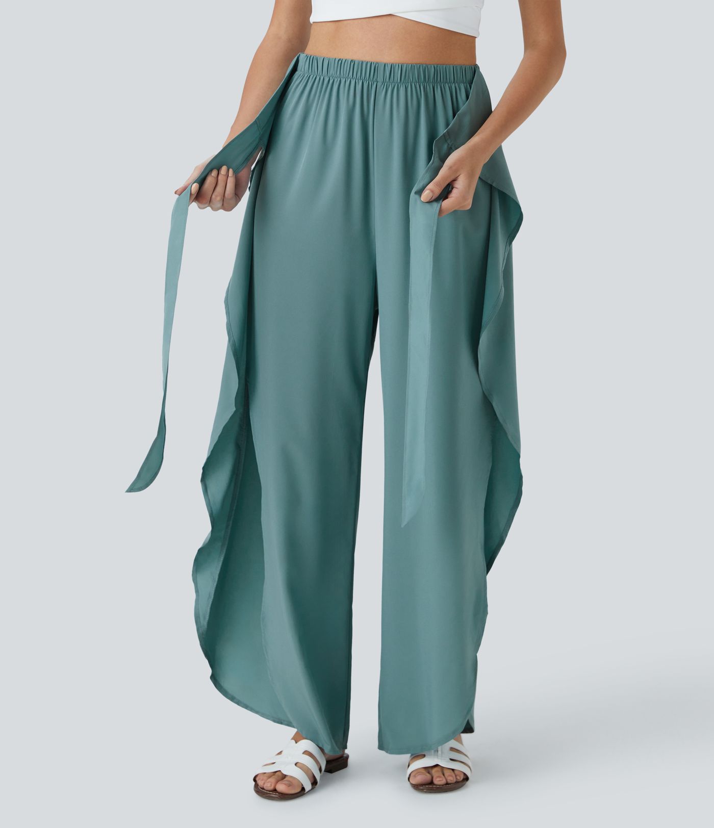 Breezeful™ High Waist Tie Front Palazzo Flowy Split Wide Leg Quick Dry Casual Pants
