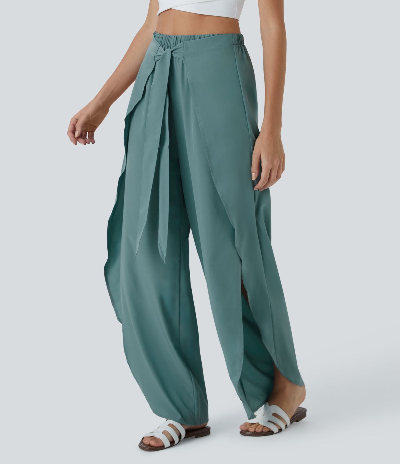 Breezeful™ High Waist Tie Front Palazzo Flowy Split Wide Leg Quick Dry Casual Pants