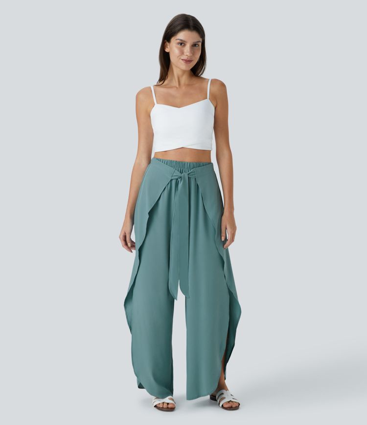 Breezeful™ High Waist Tie Front Palazzo Flowy Split Wide Leg Quick Dry Casual Pants