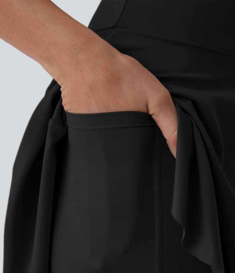 Fine V-neck racerback 2-in-1 side pocket flare mini casual dress