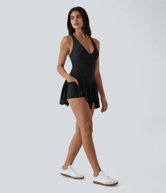 Fine V-neck racerback 2-in-1 side pocket flare mini casual dress