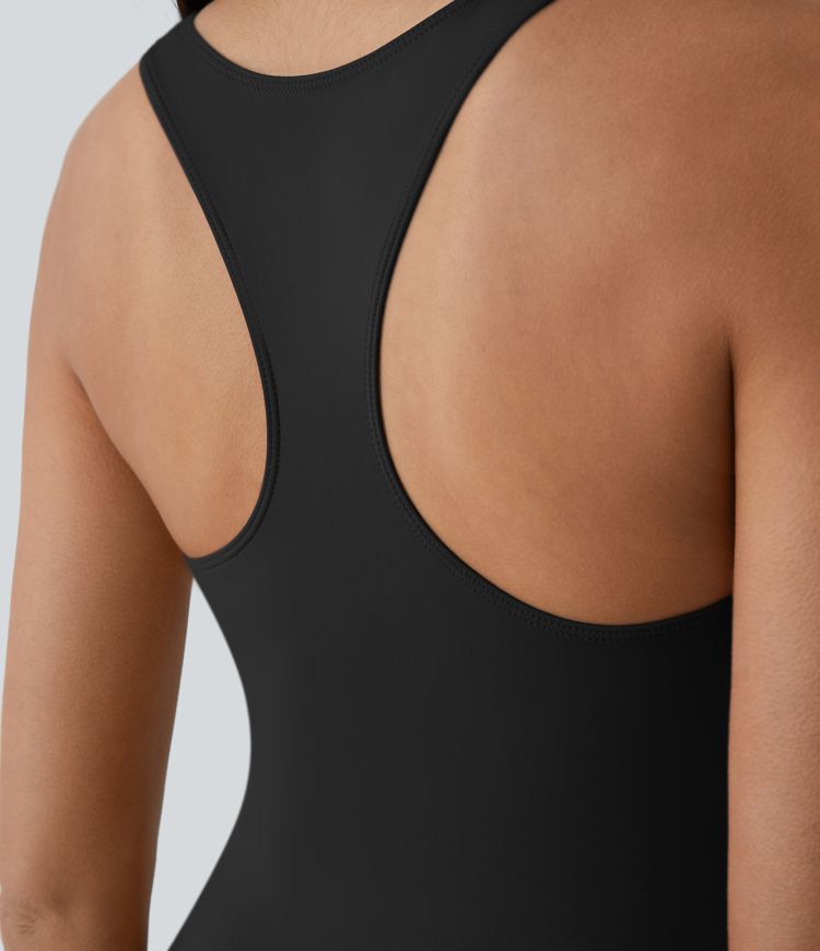 Fine V-neck racerback 2-in-1 side pocket flare mini casual dress