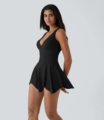 Fine V-neck racerback 2-in-1 side pocket flare mini casual dress