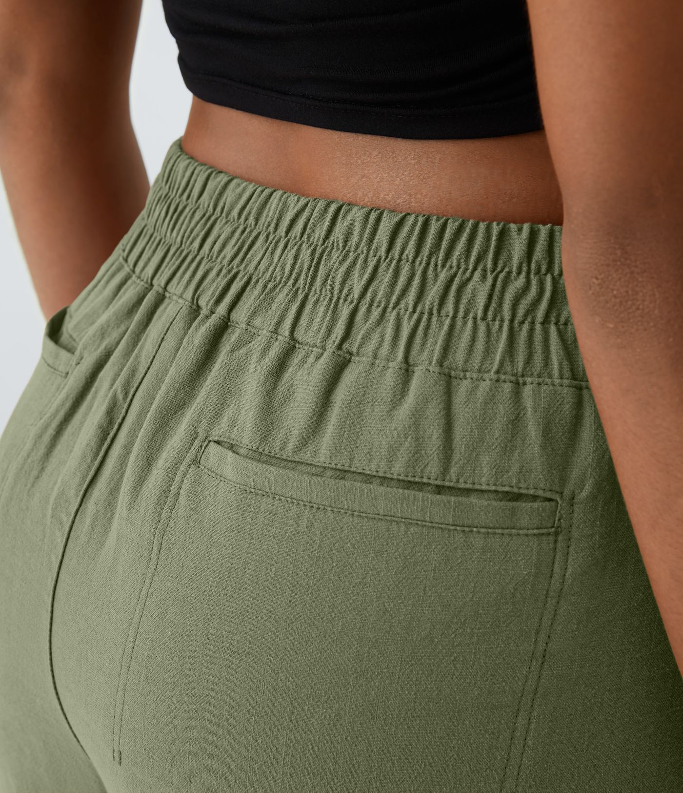 High Waisted Pockets Hem Wide Leg Palazzo Capri Casual Linen-Feel Pants