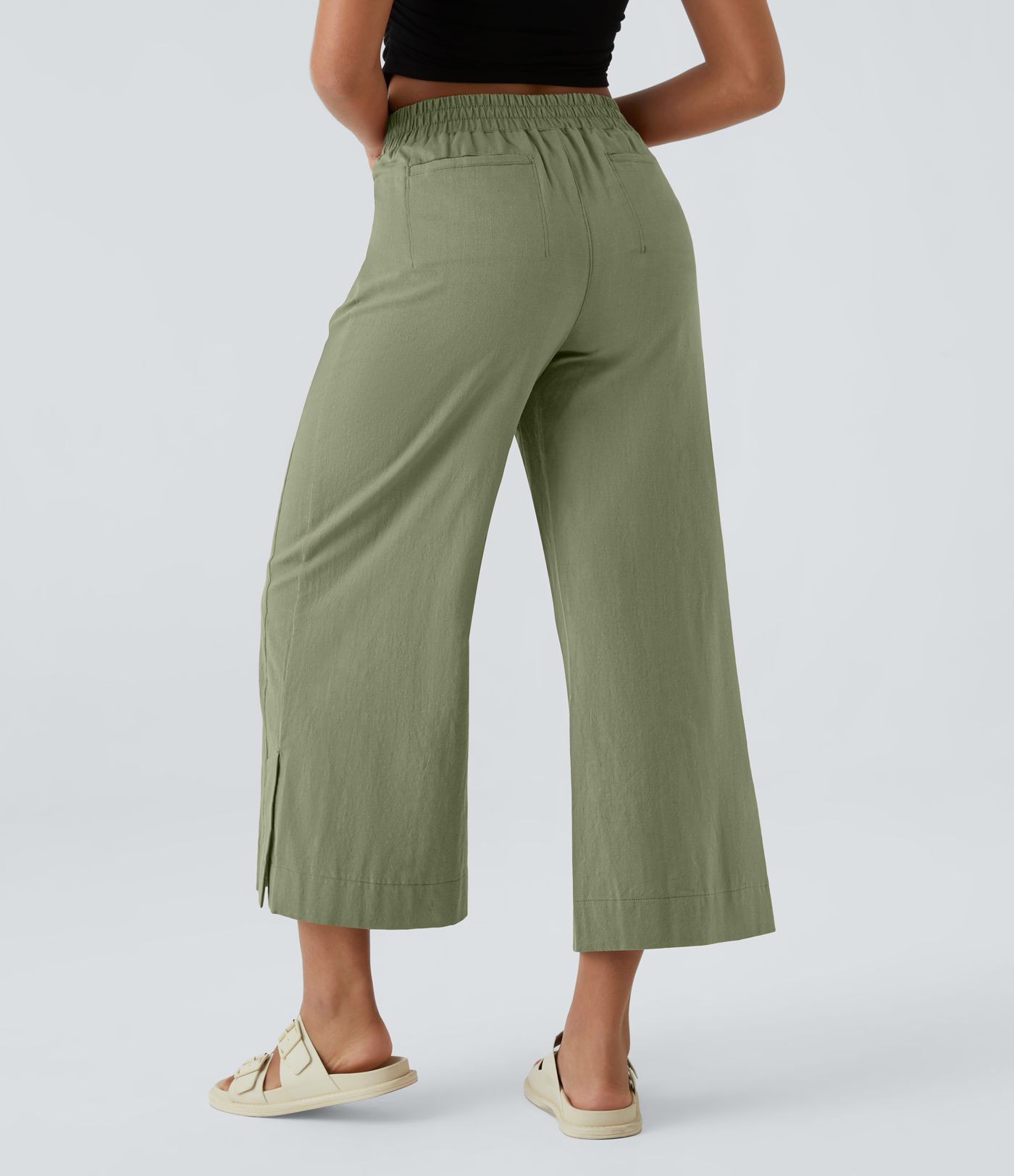 High Waisted Pockets Hem Wide Leg Palazzo Capri Casual Linen-Feel Pants